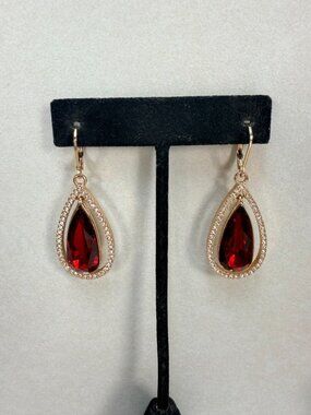 Anne Klein Red Crystal Teardrop Drop Earrings Gold Tone Rhinestone